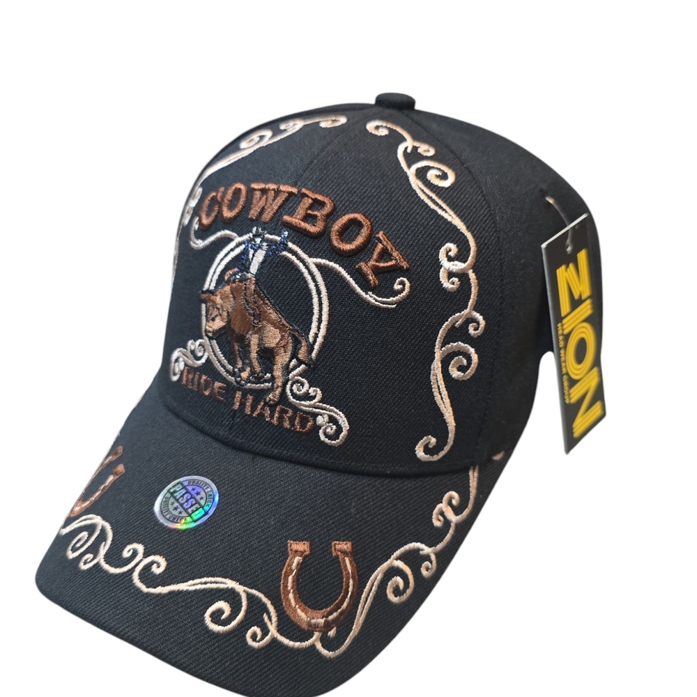 NEW! COWBOY RIDE HARD RIDER HORSESHOE COWBOY BASEBALL CAP HAT BLACK OS (UINSEX)